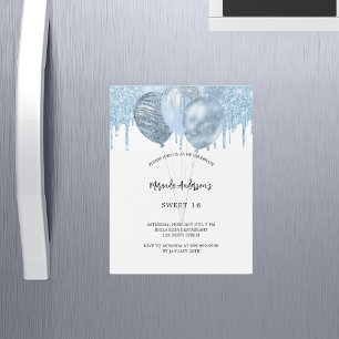 Invitación Magnética Dulce 16 globos azules purpurina gotea lujo