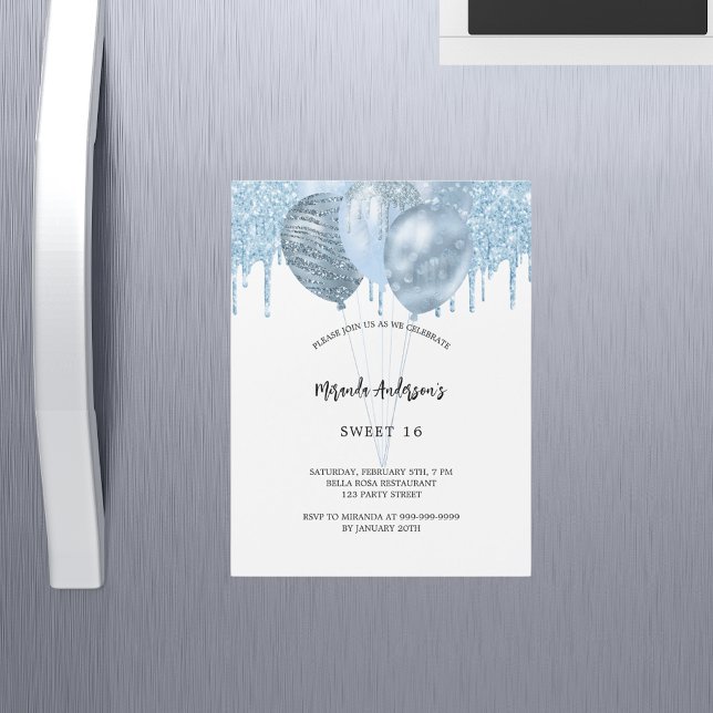 Invitación Magnética Dulce 16 globos azules purpurina gotea lujo (Subido por el creador)