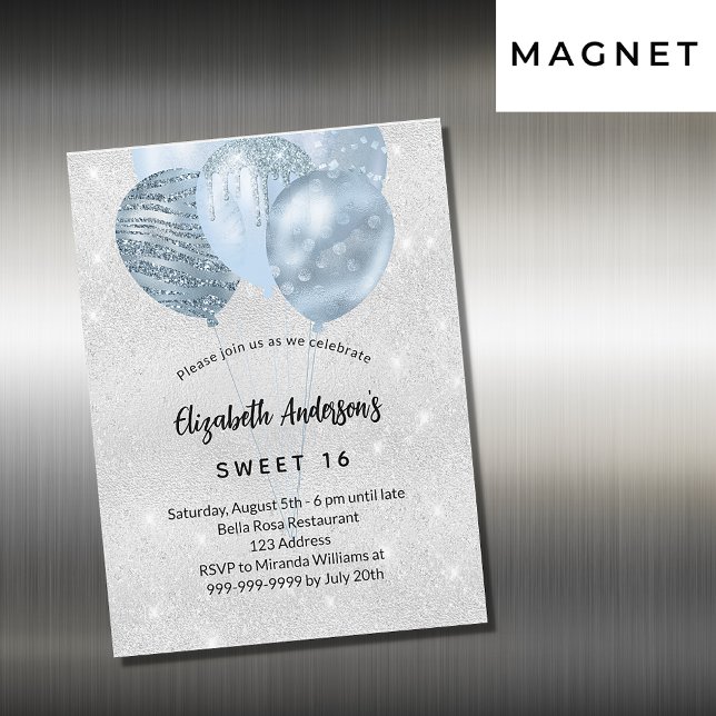 Invitación Magnética Dulce 16 globos purpurina azul plateado de lujo (Subido por el creador)