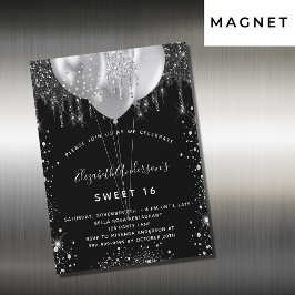 Invitación Magnética Dulce 16 globos purpurinas de plata negra de lujo