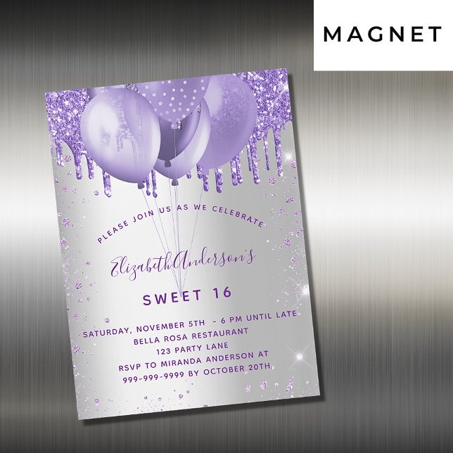 Invitación Magnética Dulce 16 globos purpurinas violeta de plata de luj (Subido por el creador)