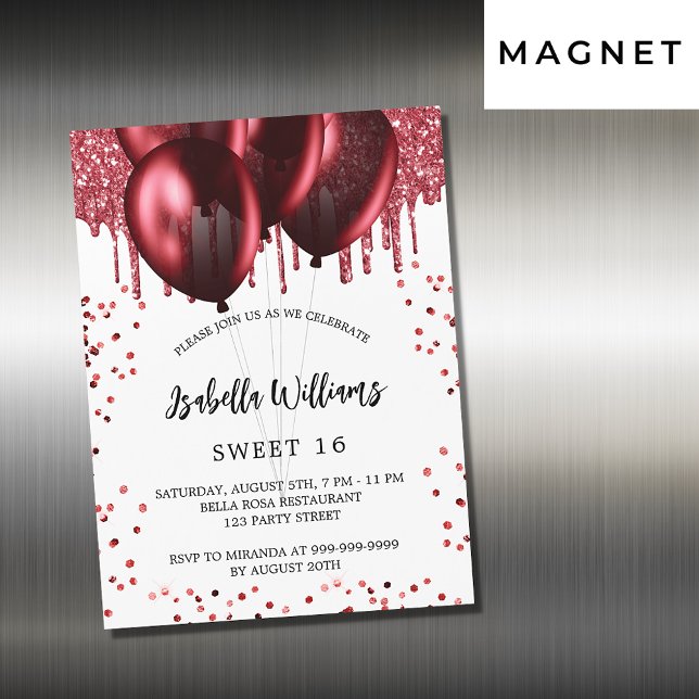 Invitación Magnética Dulce 16 globos rojos lujo blanco (Subido por el creador)
