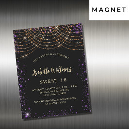 Invitación Magnética Dulce 16 purpurina de oro morado negro glamoroso
