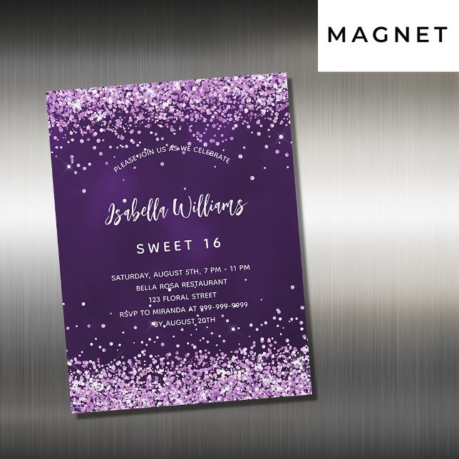 Invitación Magnética Dulce 16 purpurina rosa morado lujoso (Subido por el creador)