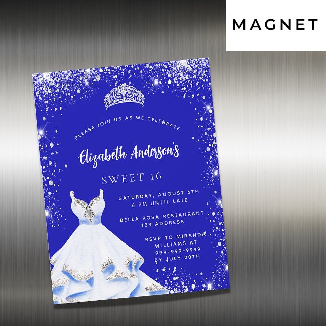 Invitación Magnética Dulce 16 vestido azul real de plata tiara lujo (Subido por el creador)