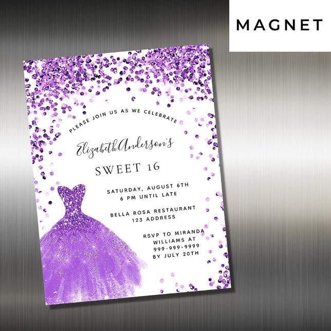 Invitación Magnética Dulce 16 vestido blanco violeta purpurina lujo (Subido por el creador)