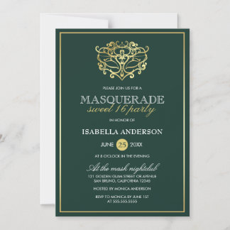 Invitación Magnética Dulce de la mascarada de oro y verde esmeralda 16 