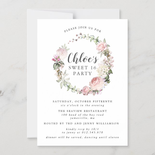 Invitación Magnética Dulce de Wreath Floral Blanco Rosa Dieciséis Fiest (Anverso)