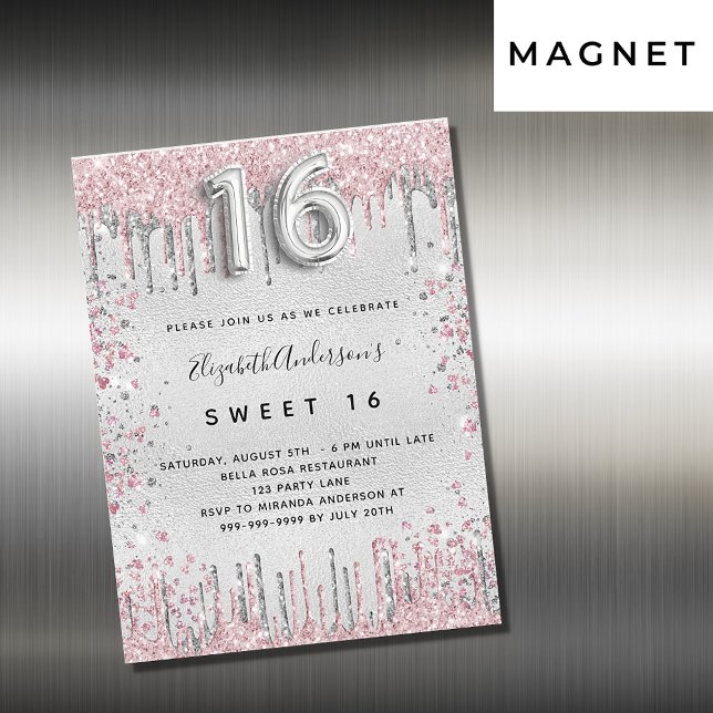 Invitación Magnética Dulce purpurina rosa plateado 16 gotea lujo (Subido por el creador)