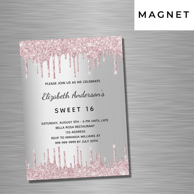 Invitación Magnética Dulce purpurina rosa plateado de 16 años gotea luj (Subido por el creador)