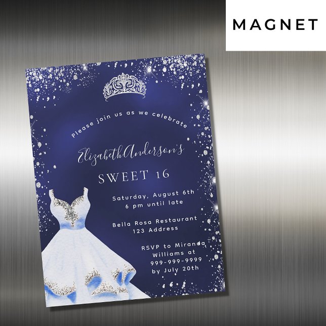 Invitación Magnética Dulce vestido 16 purpurina de plata azul tiara gla (Subido por el creador)