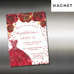 Invitación Magnética Dulce vestido blanco rojo 16 de lujo<br><div class="desc">Una invitación moderna,  elegante y glamurosa para una fiesta de 16 y 16 años. Un fondo blanco con chispas,  un vestido rojo y rosas rojas,  flores. El nombre está escrito con una escritura de estilo con letras a mano moderna. Personalice y agregue los detalles de su fiesta.</div>