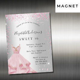 Invitación Magnética Dulce vestido rosa plateado 16 purpurina lujo