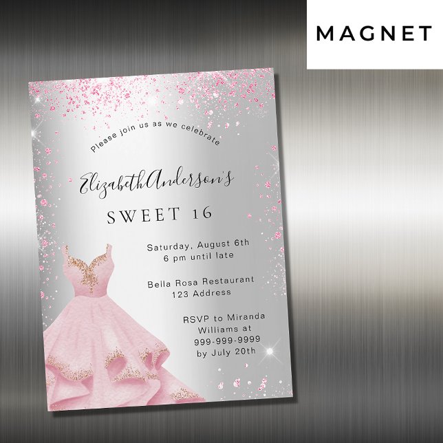 Invitación Magnética Dulce vestido rosa plateado 16 purpurina lujo (Subido por el creador)