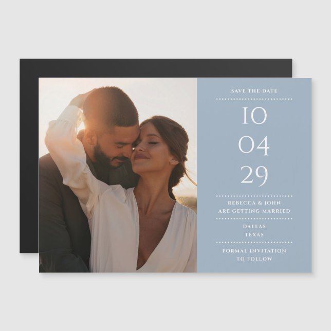 Invitación Magnética Dusty Blue Modern Boda Foto Guardar La Fecha (Anverso/Reverso)