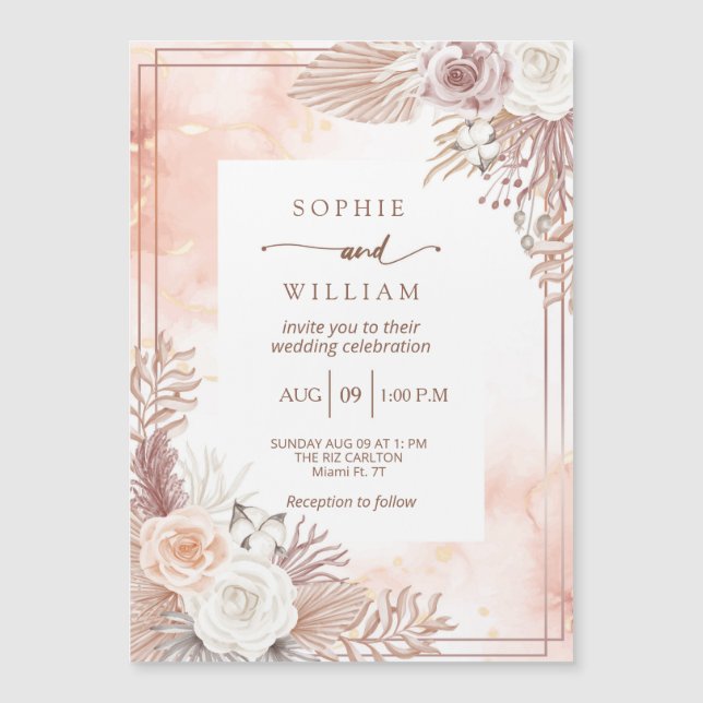 Invitación Magnética Dusty Boho boda de rosas rosadas Lignt (Anverso)
