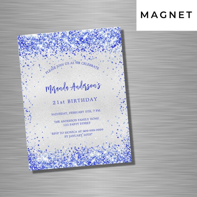 Invitación Magnética El azul real de la plata de cumpleaños destella el (Subido por el creador)