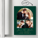 Invitación Magnética El oro verde esmeralda de 3 fotos salva la fecha<br><div class="desc">Esta sencilla y minimalista tarjeta magnética Save the Date incluye un arco de collage de 3 fotos sobre las palabras "Save the Date" en un elegante guión de escritura a mano de color dorado, seguido por los nombres de la pareja, la fecha boda y la ciudad en letra sans serif...</div>