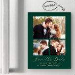 Invitación Magnética El oro verde esmeralda mínimo de 3 fotos salva la<br><div class="desc">Esta sencilla y minimalista tarjeta magnética Save the Date presenta un collage de una foto horizontal y dos fotos cuadradas más pequeñas encima de las palabras "Save the Date" en un elegante guión de escritura a mano de color dorado, seguido por los nombres de la pareja, la fecha boda y...</div>
