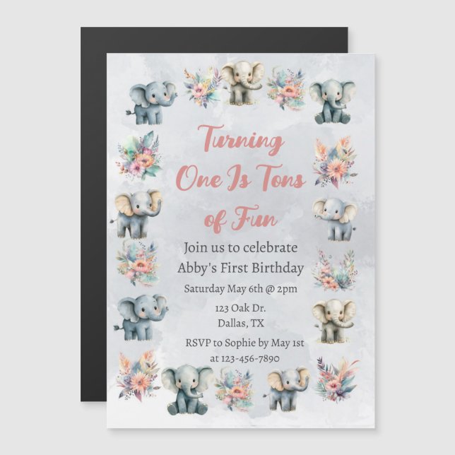 Invitación Magnética Elefantes y flores de la selva boho en cumpleaños  (Anverso/Reverso)