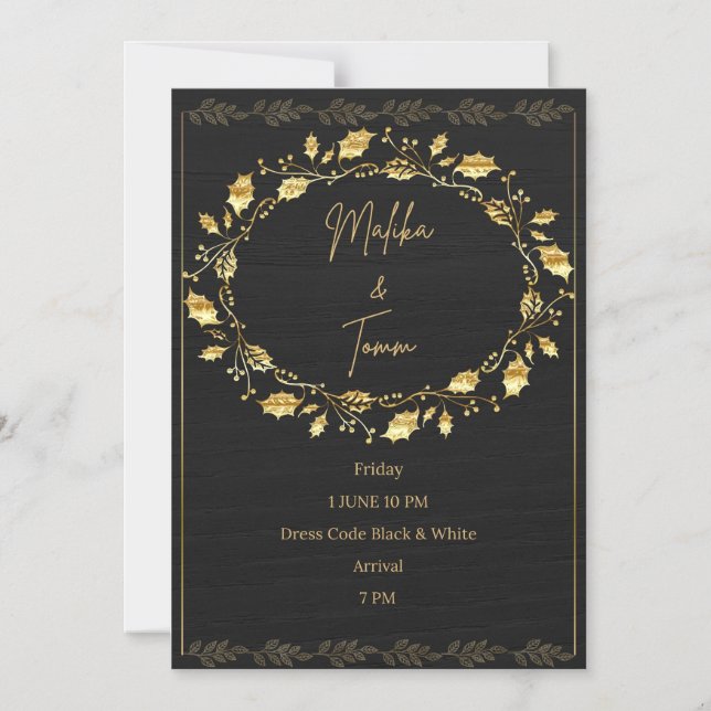 Invitación Magnética Elegant Black & Gold Leaf Wedding Invitation (Anverso)