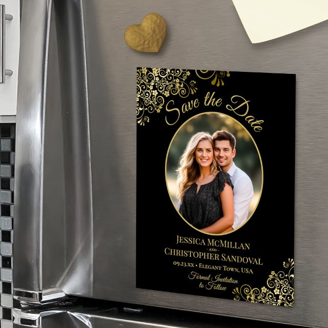 Invitación Magnética Elegant Black & Gold Wedding Save the Date Photo (Magnetic Back for Easy Display!)