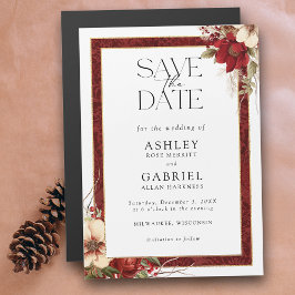 Invitación Magnética Elegant Christmas Red Damask Floral Save the Date