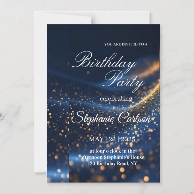 Invitación Magnética Elegant Navy Blue & Gold Birthday Party Invitation (Anverso)