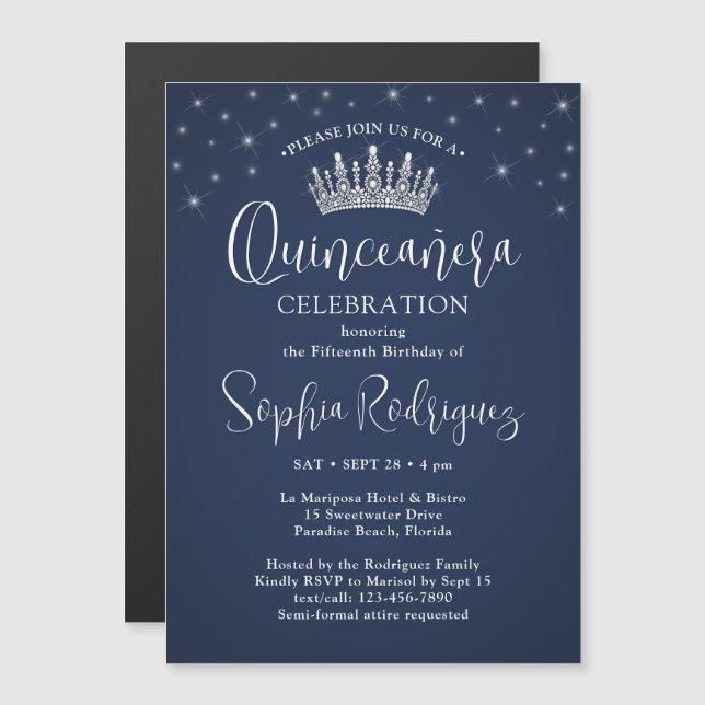 Invitación Magnética Elegant Sparkles Quinceañera Crown Navy Blue (Anverso/Reverso)