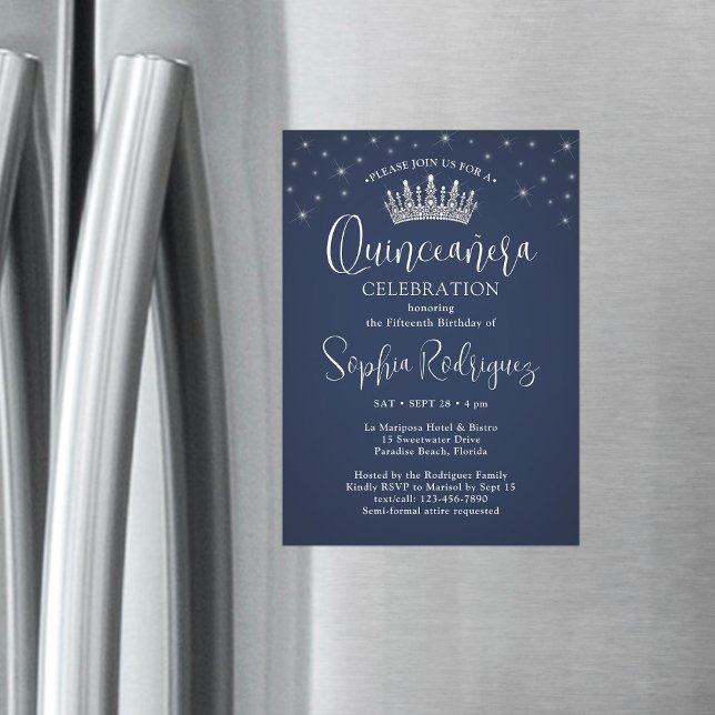 Invitación Magnética Elegant Sparkles Quinceañera Crown Navy Blue (Subido por el creador)