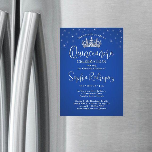 Invitación Magnética Elegant Sparkles Quinceañera Crown Royal Blue (Subido por el creador)
