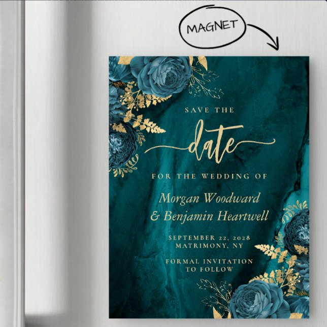 Invitación Magnética Elegant Teal Gold Floral Wedding Save the Date (Subido por el creador)