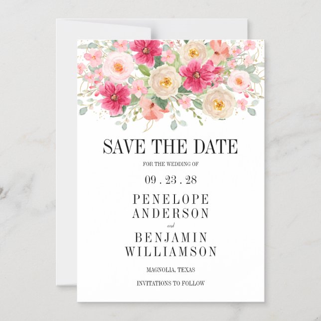 Invitación Magnética Elegant Watercolor Bright Pink Floral Wedding (Anverso)