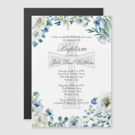 Invitación Magnética Elegante Baptismo Religioso Floral Azul