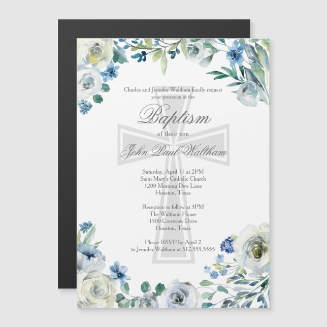 Invitación Magnética Elegante Baptismo Religioso Floral Azul (Anverso/Reverso)
