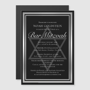 Invitación Magnética Elegante Bar Mitzvah Formal Plateado Negro