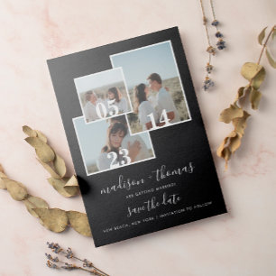 Invitación Magnética Elegante Black Script 3 Fotos Wedding Save The Dat