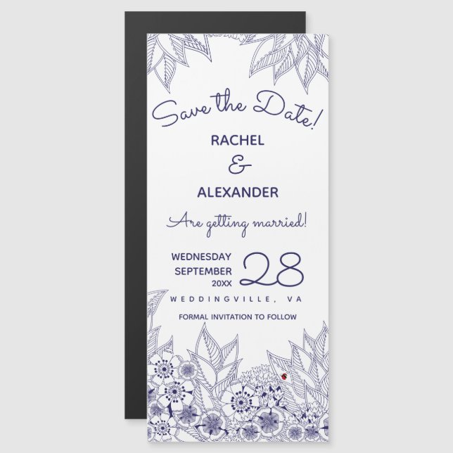 Invitación Magnética Elegante blanco azul salva la fecha (Anverso/Reverso)