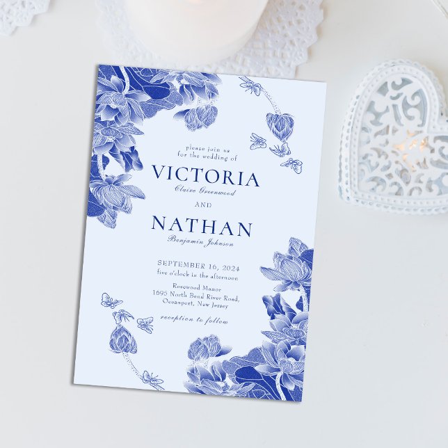 Invitación Magnética Elegante Boda Blue Floral Lotus Chinoiserie (Subido por el creador)