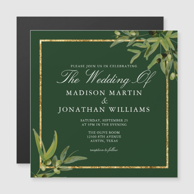 Invitación Magnética Elegante Boda botánico de color verde oliva (Anverso/Reverso)
