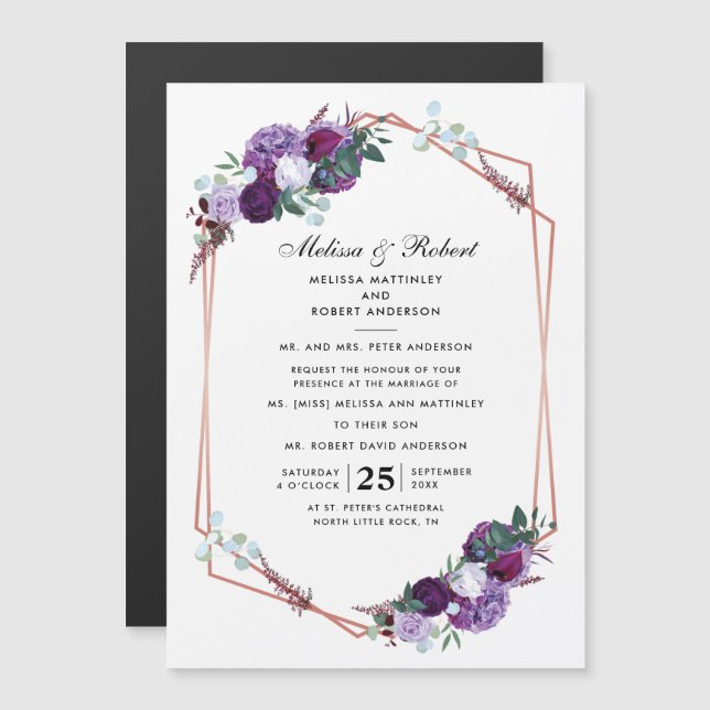 Invitación Magnética Elegante Boda botánico floral morado (Anverso/Reverso)