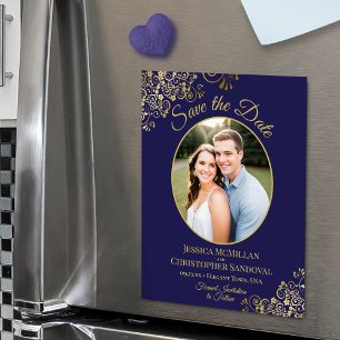 Invitación Magnética Elegante boda de azul marino y dorado con foto par