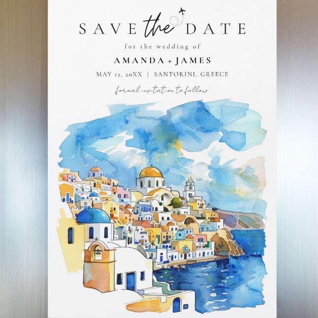 Invitación Magnética Elegante boda de destino de Grecia salva la fecha (Save the Date magnet featuring a watercolor illustration of Santorini, Greece, with vibrant blue.)