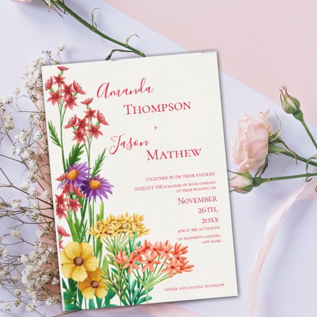 Invitación Magnética Elegante Boda de flores silvestres Naranja púrpura (Elegant Yellow Purple Orange Wildflowers Wedding Magnetic Invitation)
