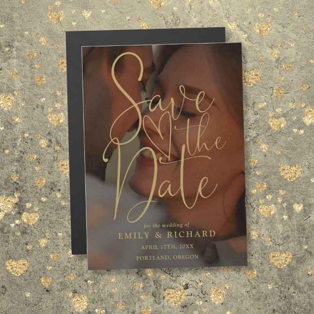 Invitación Magnética Elegante Boda de Fotos con Guión Dorado Guardar La (Elegant Gold Script Photo Wedding Save The Date Magnetic Invitation)