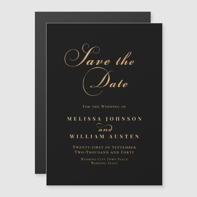 Invitación Magnética Elegante boda de oro negro salva la fecha (Anverso/Reverso)