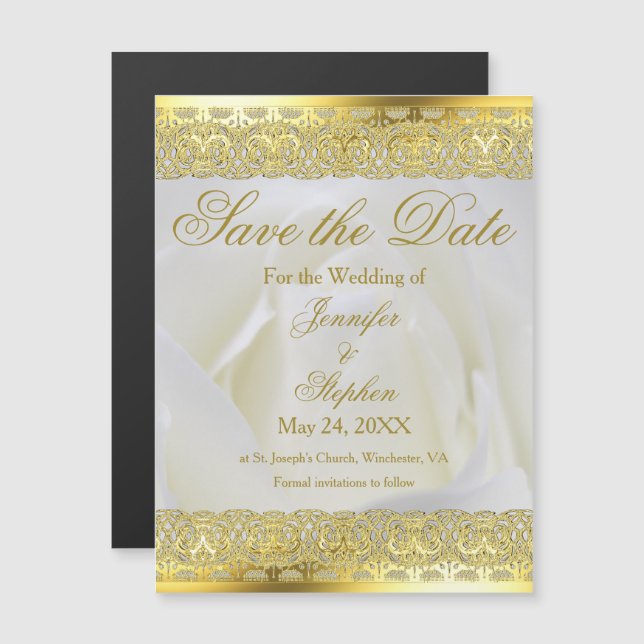 Invitación Magnética Elegante boda de rosa blanca de encaje dorado salv (Anverso/Reverso)
