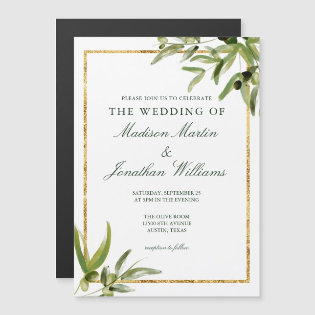Invitación Magnética Elegante Boda de Verdor de Oro Vino Verde (Anverso/Reverso)