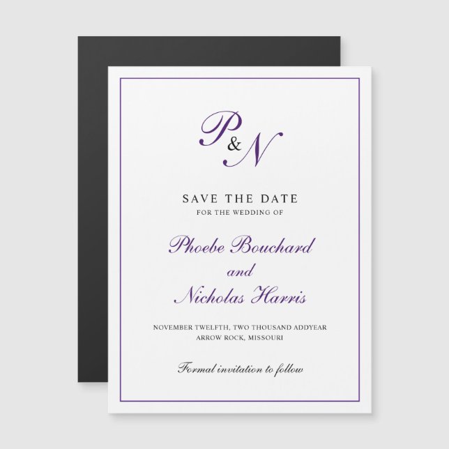 Invitación Magnética Elegante Boda en Monograma Púrpura Salvar la Fecha (Anverso/Reverso)