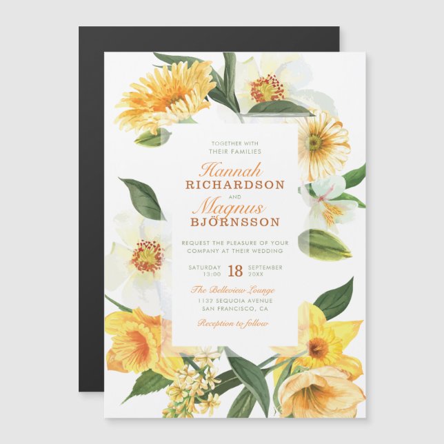 Invitación Magnética Elegante Boda floral de Daffodils Delicados Amaril (Anverso/Reverso)